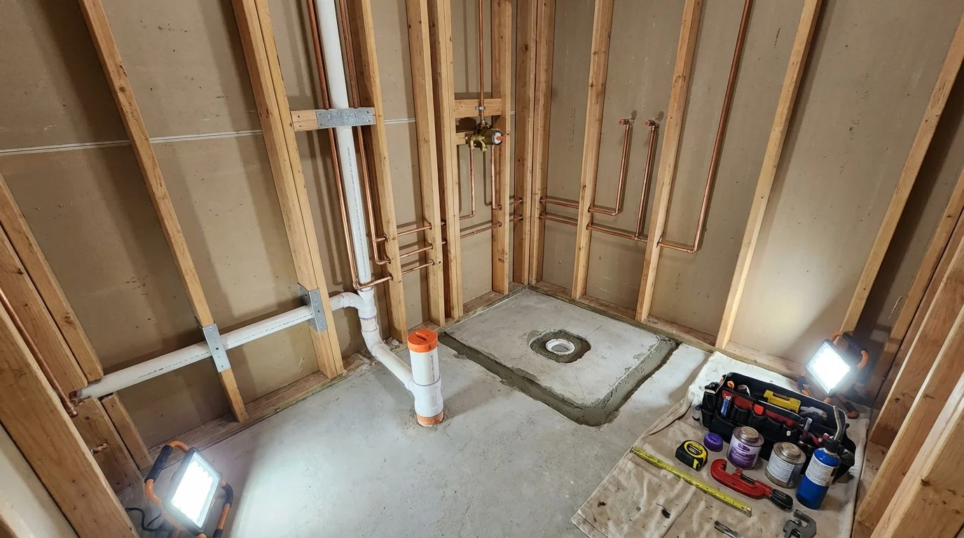 Bathroom rough-in plumbing during remodel by Johns Plumbing LLC in Mount Pleasant