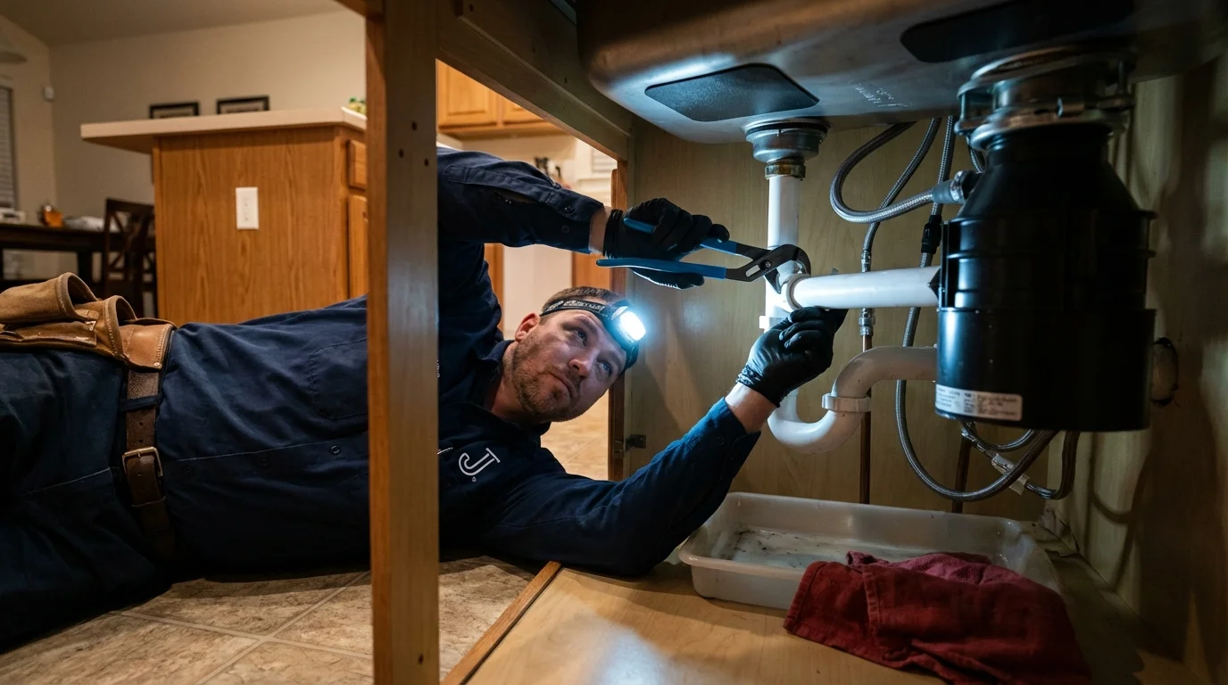 P-trap and supply line connections under a kitchen sink showing a common leak point in Mount Pleasant, TN